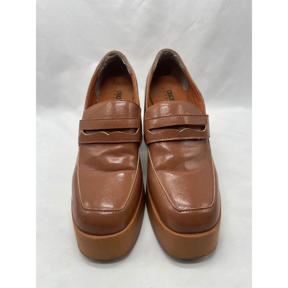 ASOS‎ DESIGN Profile Chunky High Heeled Loafer In Tan Size 40/9
